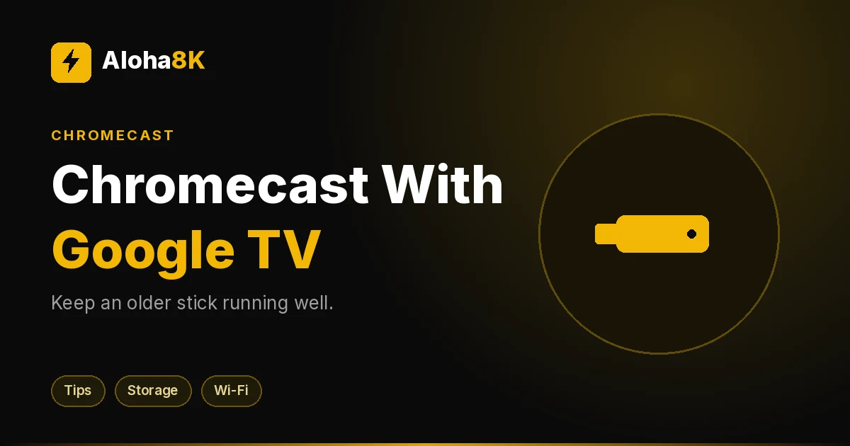 Chromecast with Google TV dongle and remote on a wooden TV stand