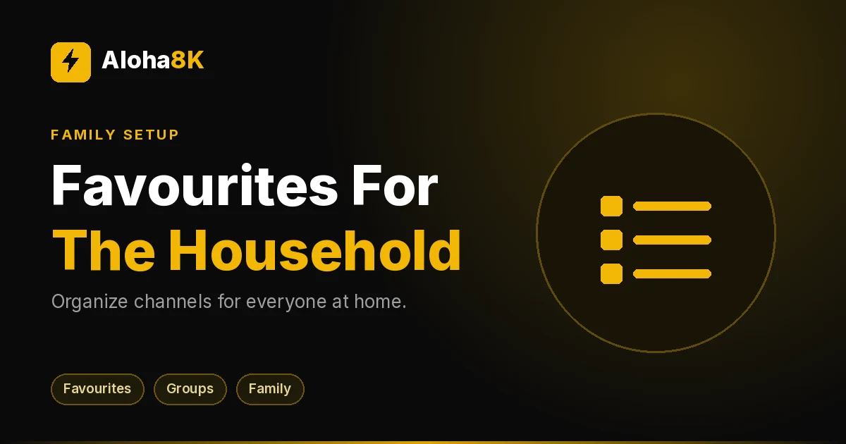 Family on a couch with a TV showing a favourites channel list